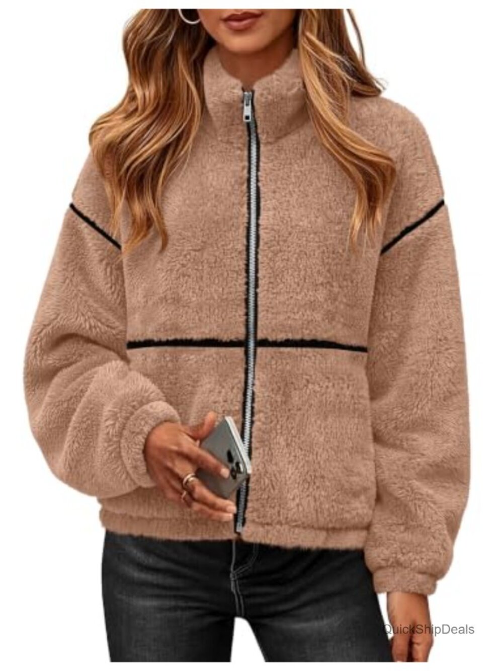Womens Sherpa Fleece Jacket Zip Up Oversized Winter Coat Stand Collar